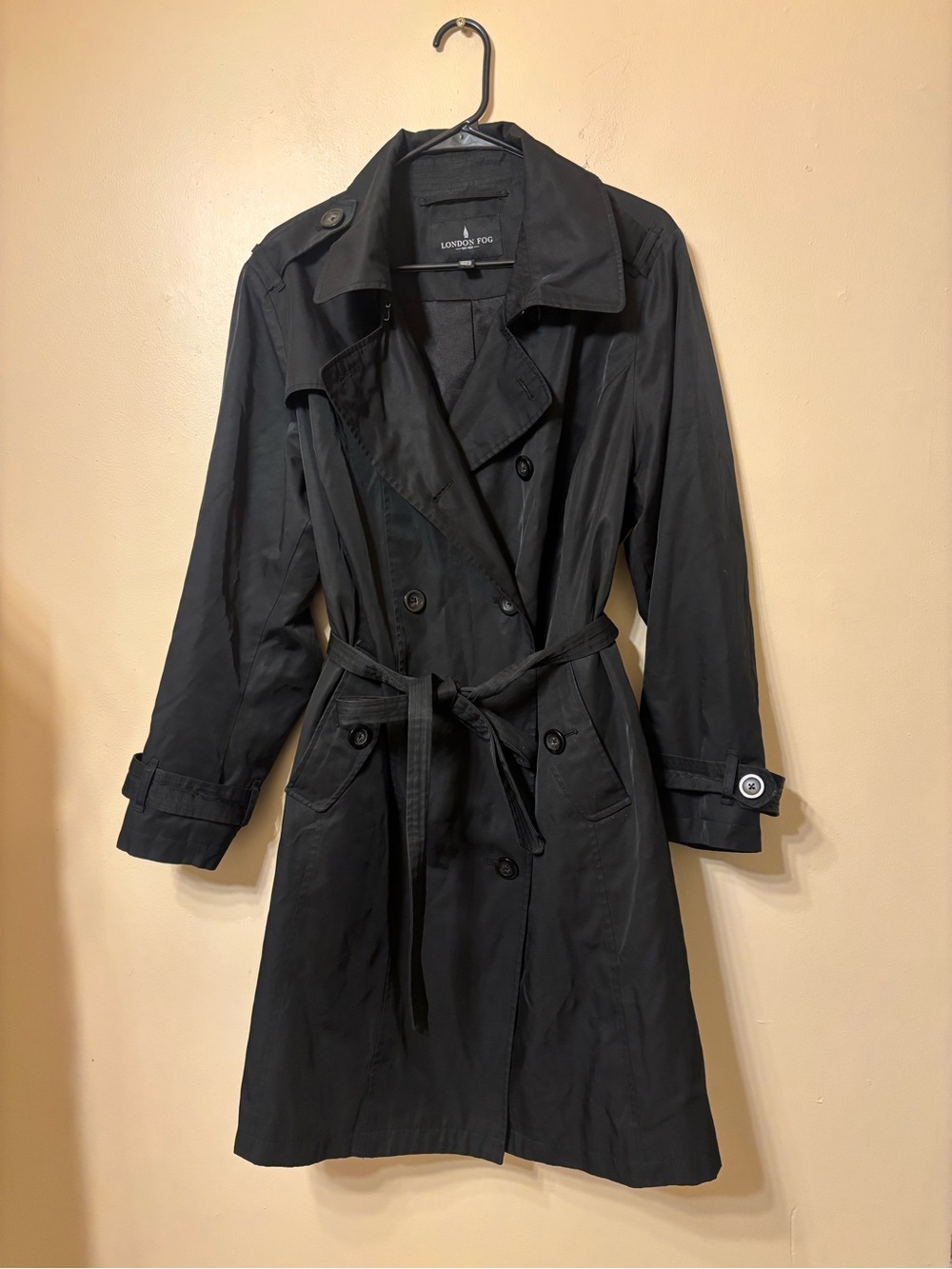 London Fog Black Double-Breasted Trench with Waist Tie SZ 2x